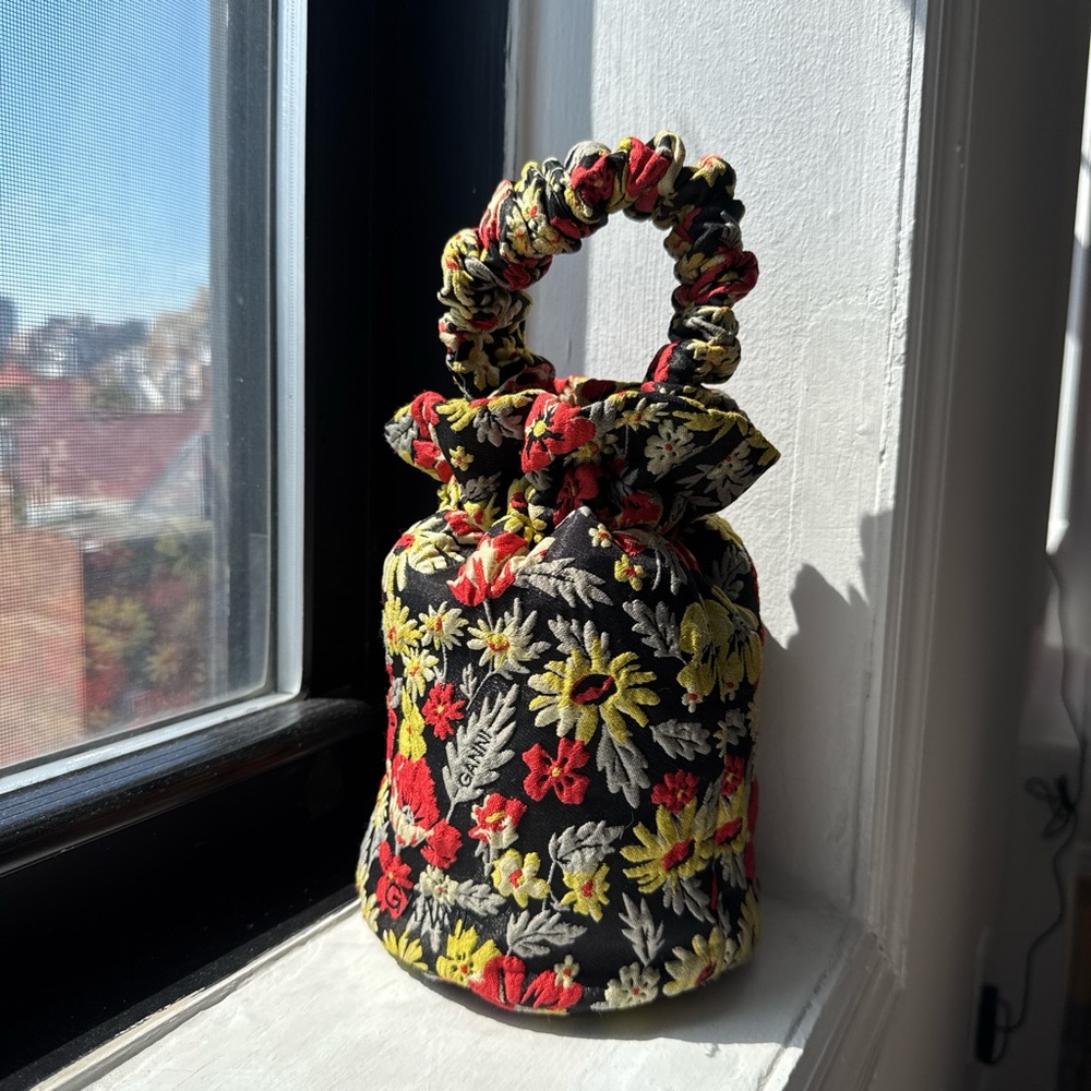 Ganni Red and Yellow Bucket Bag with Floral Pattern